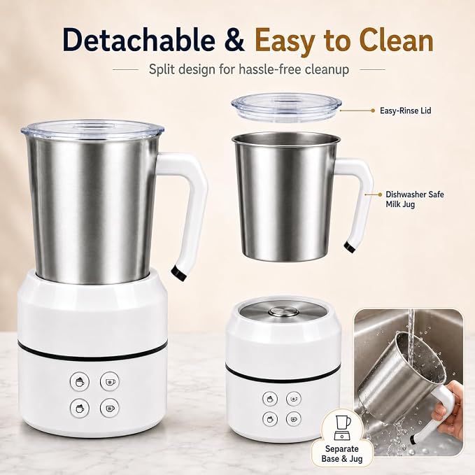 Electric Milk Frother 8.5oz, 4-in-1 Automatic Milk Steamer for Coffee, Latte, Cappuccino, Detachable Stainless Steel Cup, Dishwasher Safe, Magnetic Whisk, Precise Spout for Latte Art, (White)