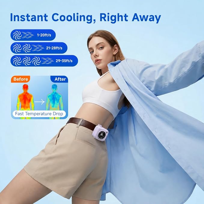 Portable Waist Fan, Rechargeable Wearable Fan with LED Display, 3 Speeds, 3000mAh Battery, 10H Runtime, Turbo Airflow, Clip on Belt/Shirt/Hat, Neck Fan for Outdoor, Gift for Women Men-2 PACK