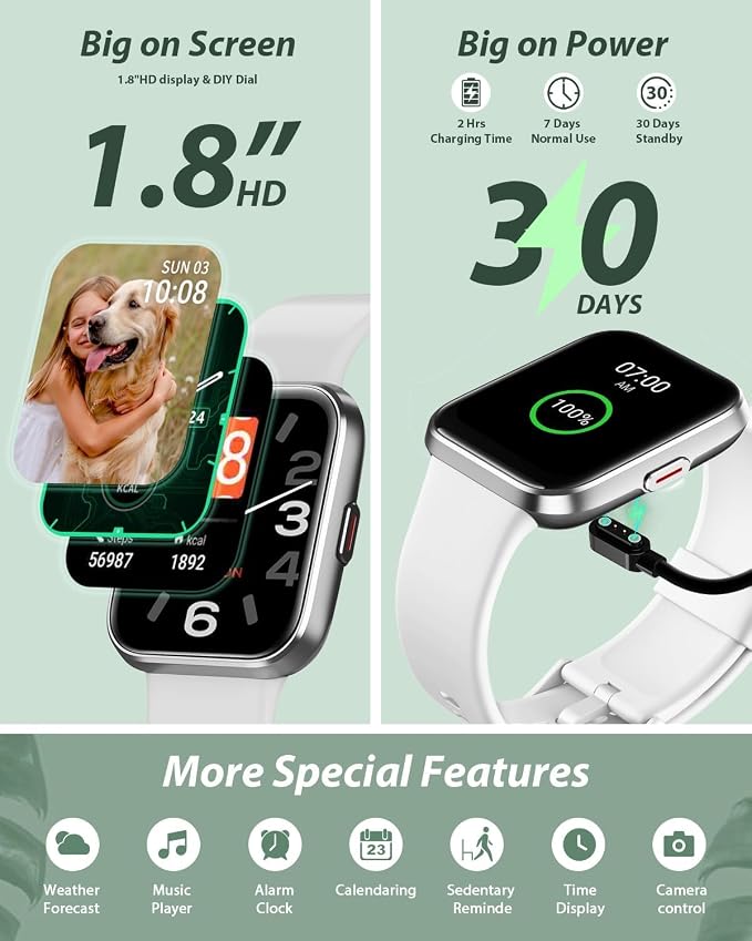 Smart Watch for Women Android & iPhone, Alexa Built-in, 1.8" Touch Screen Fitness Tracker with Answer/Make Calls, IP68 Waterproof Heart Rate/Sleep/SpO2 Monitor, Pedometer, 100+ Sport Modes, White