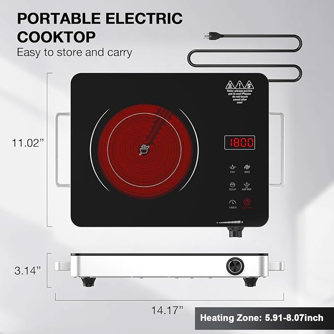 Electric Cooktop,Portable Electric Cooktop 1800W Single Burner Stove with Plug,Hot Plate Countertop,110V-120V Infrared Burner,Child Safety Lock,Timer,Touch and Knob Control