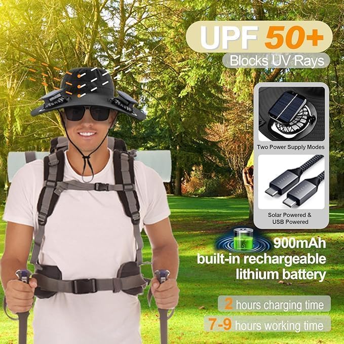 Solar Fan Hat,Wide Brim Solar Fan for Men Women, Mens Sun Hat with 2 Fan, Waterproof Outdoor Hiking Camping Fishing Hat Black