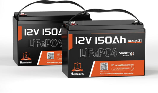 12V 150Ah LiFePO4 Lithium Battery BCI Group31 Bluetooth 2Pack,Built-in 110A BMS, Deep Cycle Battery for Solar, RV, Marine, Off-Grid Applications - 15000+ Life Cycles, Safe & Lightweight