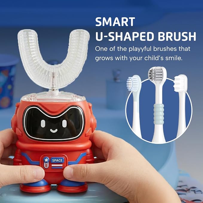 Well Before Kids U Shaped Electric Toothbrush with 5 Brush Heads, Ultrasonic, 5 Modes, IPX7 Waterproof Design (Spaceman, Red, Ages 2-7)