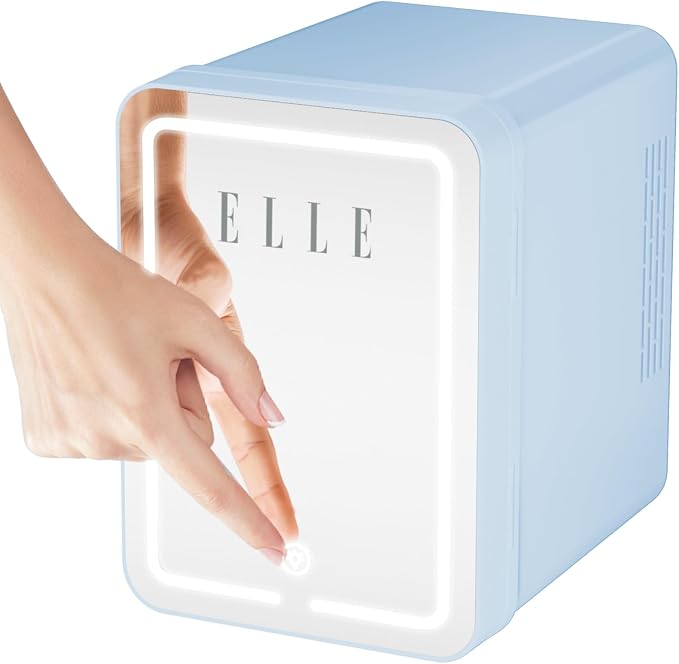 ELLE 4L Mini Cooler Fridge with LED Makeup Mirror for Skincare & Cosmetic Storage Cooler & Warmer Removable Shelf Carrying Handle AC DC Power Options Small Refrigerator for Bedroom Car Office Blue