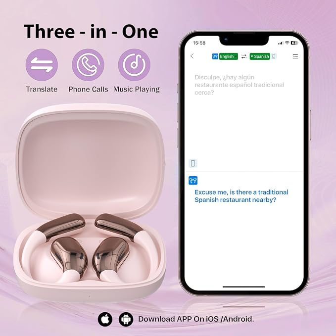 AI Language Translator Earbuds, Translation Earbuds Real Time, 3-in-1 Earbud Translator 144 Languages & Accents, Translation Headphones Fit iOS & Android for Travel Business Learning (A38 Pink)