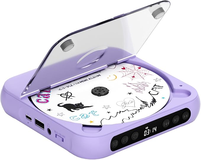 ENVYCLOUD CD Player Portable with Dual Stereo Speakers, Rechargeable Portable CD Player with Bluetooth for Home with Headphones, Support CD/AUX/USB, Purple