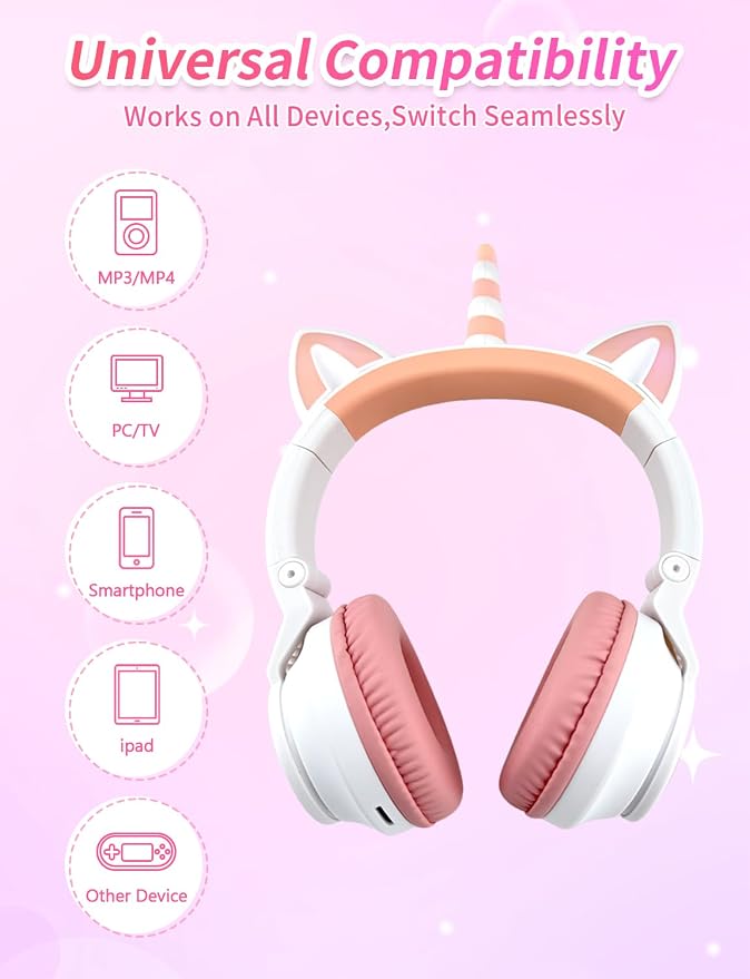 Upgrade Unicorn Headphones for Girls, Kids Bluetooth Wireless Headphones with 7 Colour Flash Light, 93dB Volume Limited, for Toddlers Tablet/iPad/Amazon Fire, Birthday Gifts, (White Pink)