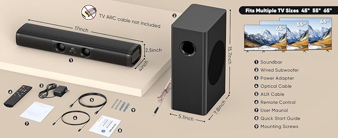 RIOWOIS Sound Bar for Smart TV,3.1ch Soundbar with Wired Subwoofer,100W Deep Bass, TV-ARC/Optical/AUX/Bluetooth 5.3 Connect, Surround Sound System for TV PC/Gaming/Projectors