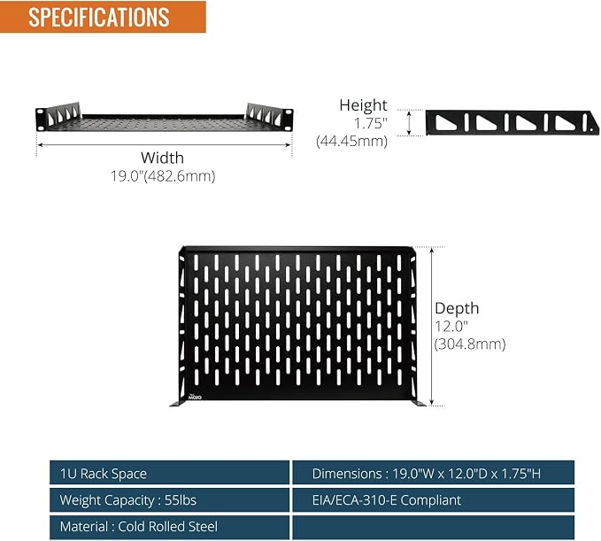 Tecmojo 1U Rack Shelf,19 inch Rack Shelf 12 inch Depth,Rack Mount Shelf with Anti-Slip Stops,Server Rack Shelf and Network Shelf for 19 in Equipments, 55lbs Capacity of Vented 1U Shelf,No Lip(2 Pack)