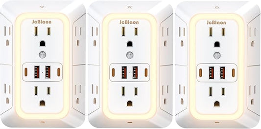 3 Pack Outlet Extender with Night Light, 6 Outlet Surge Protector Extender with 4 USB Ports (2 USB C), 3-Sided 1050J Multi Plug Wall Outlet for Home Office Dorm Room