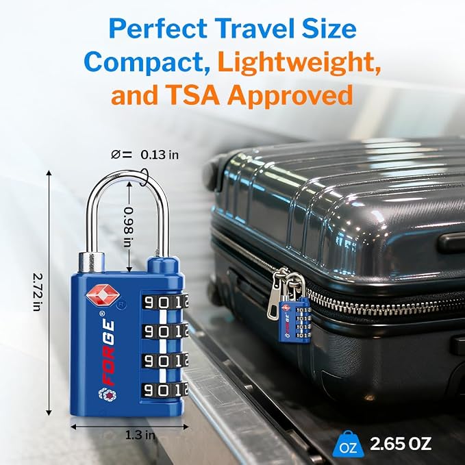 Forge Dual-Opening: Key or Combination Lock, TSA Approved Lock for Luggage, Pelican case, Travel, Gym, School, Luggage Combination Lock, Travel Bag Lock (Blue 4 Pk)