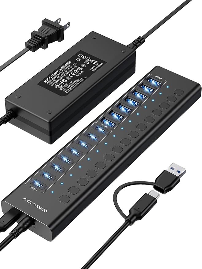 Powered USB 3.2 Hub, ACASIS 16 Ports USB 3.2 Hub(8 USB-A 3.2 Ports+8 USB-C 3.2 Ports), Aluminum USB Hub Powered with 96W Power Adapter, USB Hub for PC/Laptop, Computer, Flash Drive, Printer, Camera