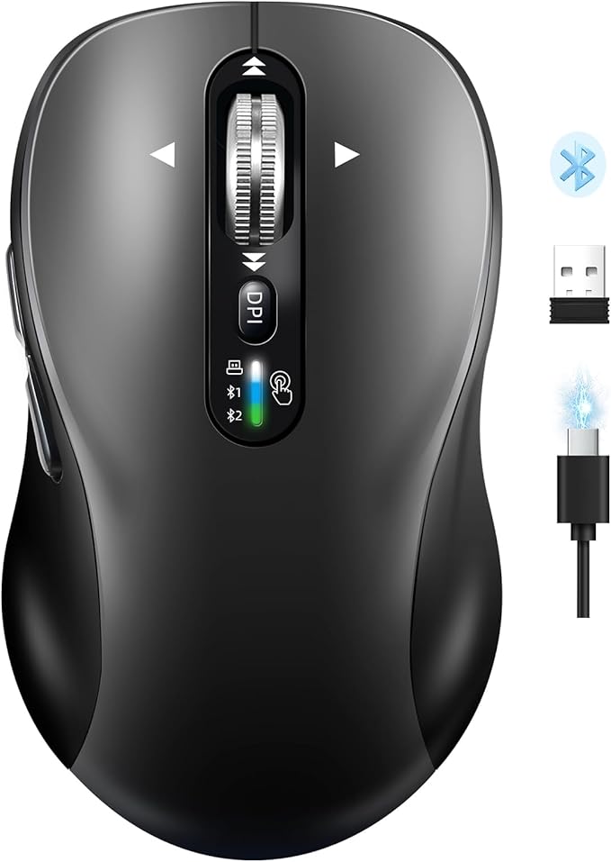INFINMIND Wireless Bluetooth Mouse Rechargeable,Multi Device Ergo Computer Mouses,4-Way Super Scrolling,± 3200 DPI,10 Buttons,Plug&Play,Quiet,USB Cordless Mice for Laptop,Tablet,Mac,iPad,PC,Phone