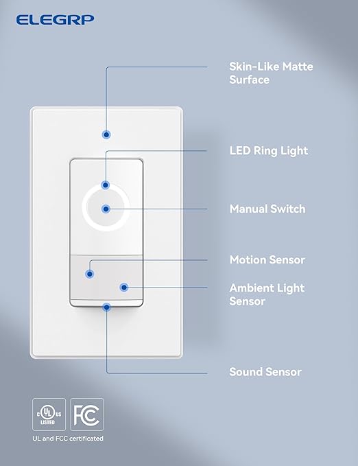 ELEGRP Smart Motion Sensor Switch, 2.4GHz Wi-Fi Single Pole Light Switch Works with Alexa & Google Assistant, APP Remote Control, Neutral Wire Required, UL Certified, No Hub Required (White, 1 Pack)