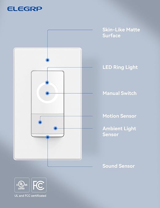 ELEGRP Smart Motion Sensor Switch, 2.4GHz Wi-Fi Single Pole Light Switch Works with Alexa & Google Assistant, APP Remote Control, Neutral Wire Required, UL Certified, No Hub Required (White, 4 Pack)