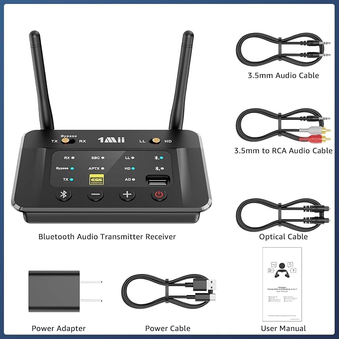 1Mii B03S Bluetooth 5.3 Transmitter Receiver for TV Home Stereo, Optical RCA AUX Wireless Audio Adapter with Audiophile DAC, aptX Adaptive/LL/HD, Dual Link, Volume Control, Soundbar Passthrough