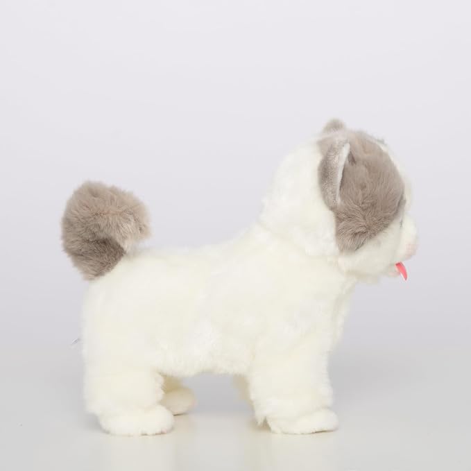 CU-MATE Electronic Stuffed Walking Cats, Realistic Interactive Pet Toy Cat, Walking, Barking, Wagging Tail & Talking, Present Gifts for 3+ Year (British Shorthair Blue and White Cat)