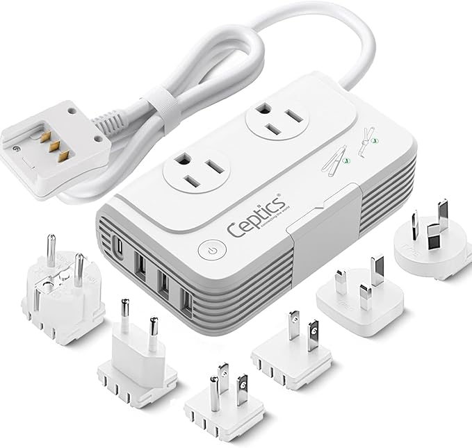 Ceptics Travel Voltage Converter -200W Convert 220V to 110V for Curling Iron, Straightener, Charger Step Down World Power Plug - 4 USB PD 18W Fast Charging - SWadApt - Type A, B, C, E/F, G, I Include