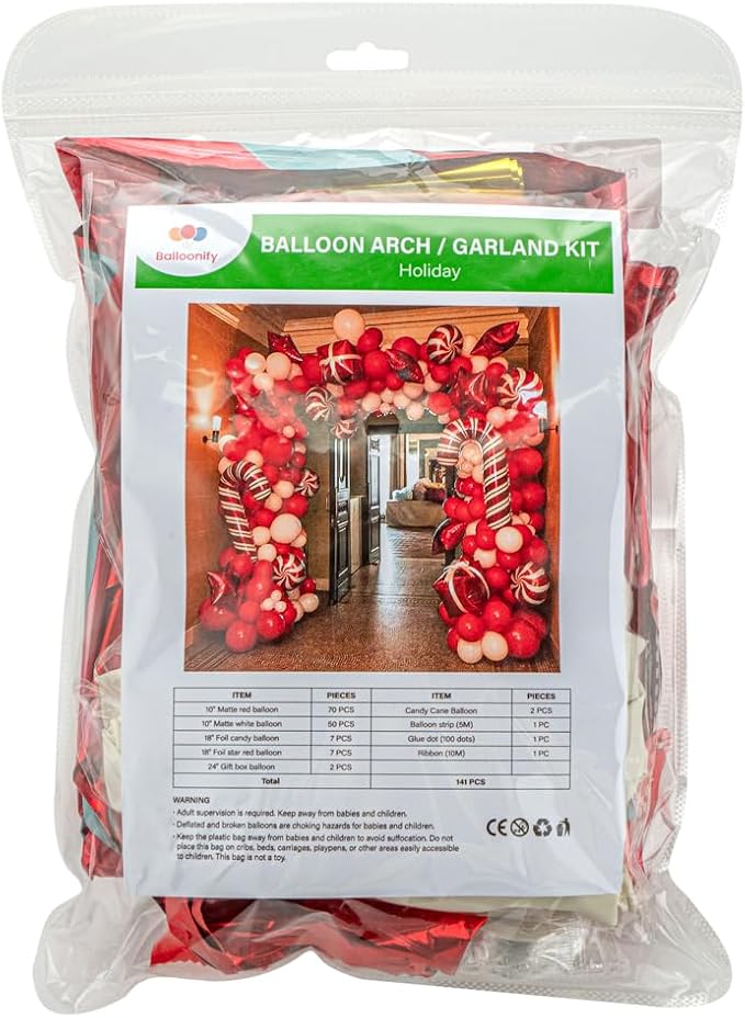 Restaurantware-Balloonify Christmas Balloon Arch Kit, 1 Holiday Decoration Kit - 138 Balloons, With Chain, Red And White Latex Balloon Arch Kit, Includes Glue Dots, Ribbon, Knot