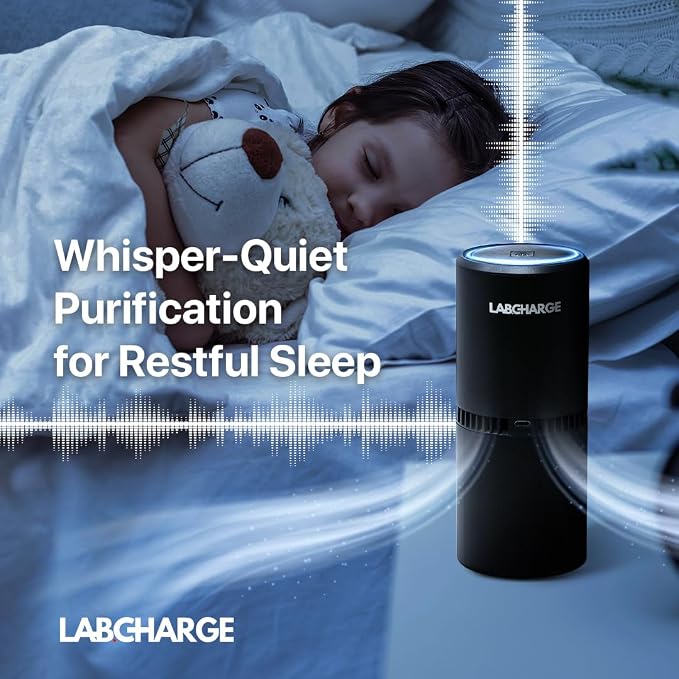Lab Charge Small Ionic Air Purifier for Home & Bedroom – Silent HEPA Filter – Covers 250 Sq Ft - Free Cleaner for Pets, Hair, Smoke, Dust, Odors & Dander – Compact & Black Design