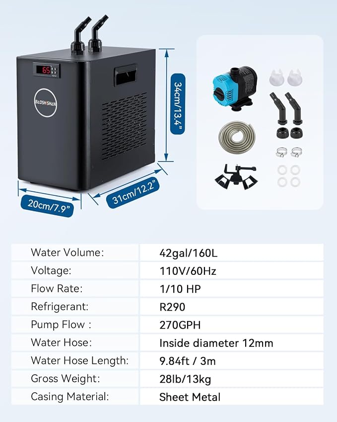 BAOSHISHAN 1/10 HP Aquarium Chiller 42 Gallon 160L Water Cooling System | Quiet Compressor Refrigeration, Includes Pump and Tubing, 110V, Ideal for Hydroponics, Axolotl and Reef Tanks