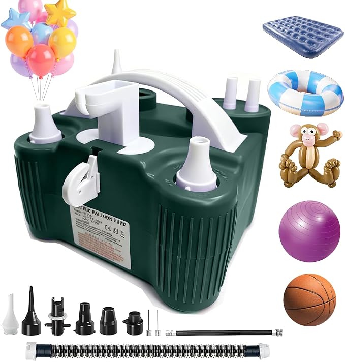 4-in-1 Electric Balloon Pump,Portable Electric Air Balloon Blower Machine for All Balloons, Air Pump for Sports Balls, Inflator& Deflator for Inflatables（Green）
