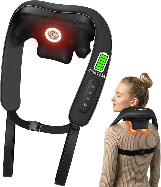 JZBRAIN Cordless Shiatsu Neck and Shoulder Massager with Heat & Kneading | 2000mAh Rechargeable Battery Hands-free 3 Modes 2 Intensity 2 Heat Levels Muscle Soreness Stiff Neck Fatigue Relief