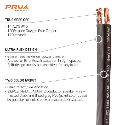 PRV AUDIO 14 Gauge (AWG) Speaker Wire Premium Oxygen-Free Copper OFC - 100 Feet Roll (Black/Grey) Ultra Flex Cable for Car Home Audio Applications
