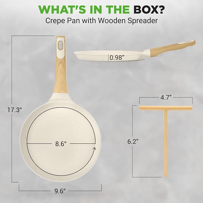 NutriChef 9.45” Non-Stick Crepe Pan with Wooden Spreader, Durable Marble Coated Dosa Pan, Bakelite Handle and Induction Bottom, PFOA/PFOS Free, Dishwasher Safe, Even Heat Distribution (White Cream)