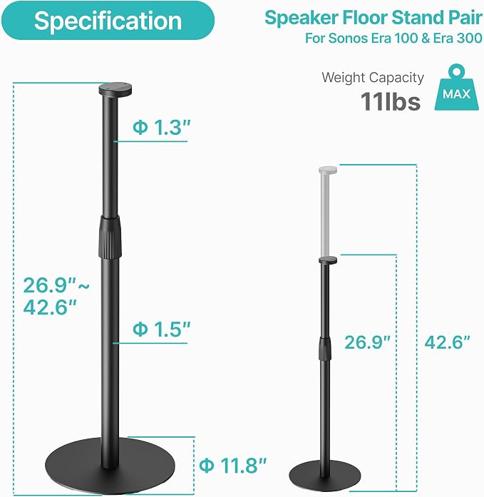 PEGZONE 26.9"-42.6" Height Adjustable Speaker Stands Compatible with SONOS Era 300 and Era 100, Floor Stands with Cable Management, Speaker Mount, Black, 2 Pack (Pair)