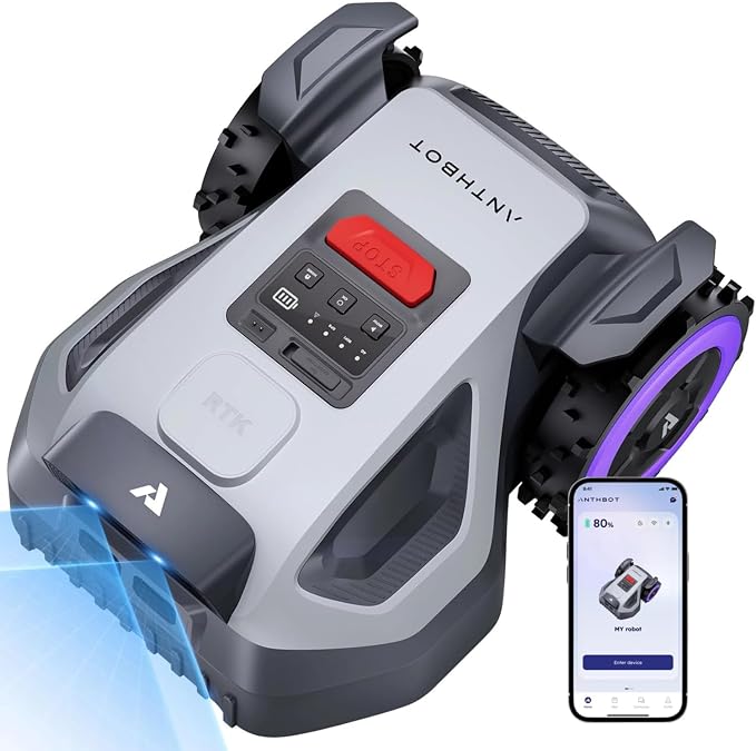ANTHBOT M5 Robot Lawn Mower with Garage 1/8 Acre, Dual Vision+Full-Band RTK Robotic Lawnmower, No Perimeter Wire, App Control Obstacle Avoidance, 45% Slope, Cutting Height, Multi-Zone Mapping
