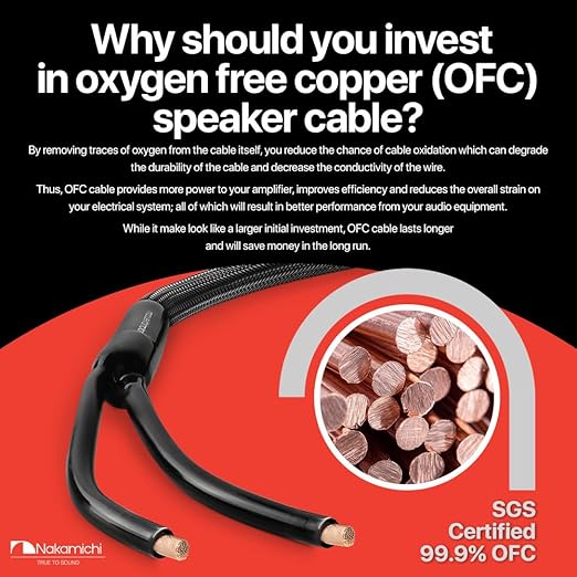 Nakamichi Excel Series 24k Gold Plated Banana Plugs with Speaker Cable Wire 99.9% Oxygen-Free Copper (OFC) Heavy Duty Braided for Amplifier Hi-Fi Home Theatre - Black (12 AWG / 15 feet / 4.5m)