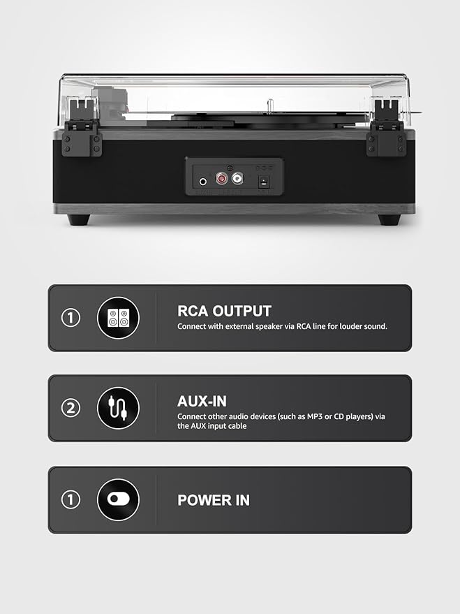 Vinyl Record Player with Built-in Speakers 3-Speed Support 33 1/3, 45, 78RPM Vintage Record Player Bluetooth Input Support RCA Output, Black