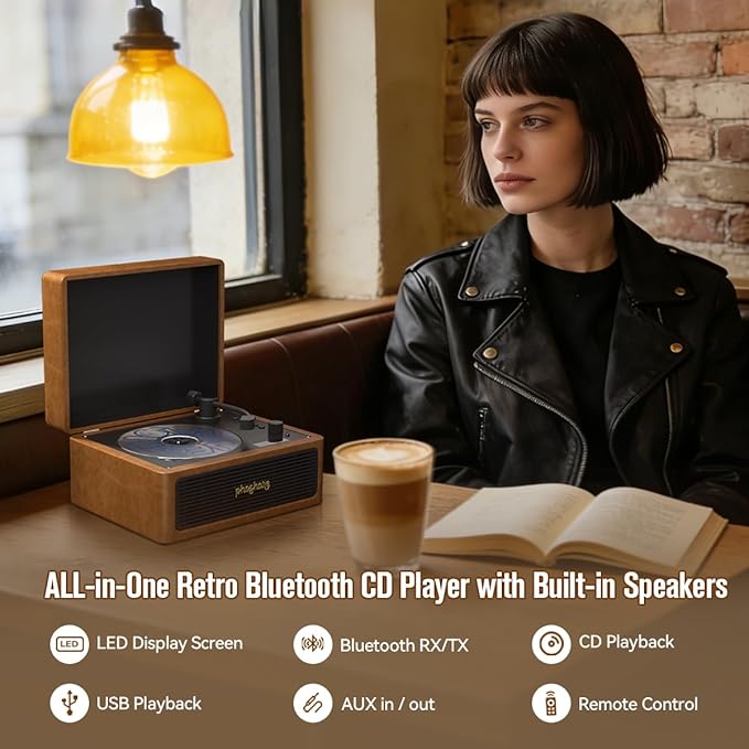 Retro Bluetooth CD Player Looks Like a Record Player, 3000mAh Rechargeable Battery for 3-4Hours Playback, CDplayer with Remote, USB/AUX, Dual Speakers