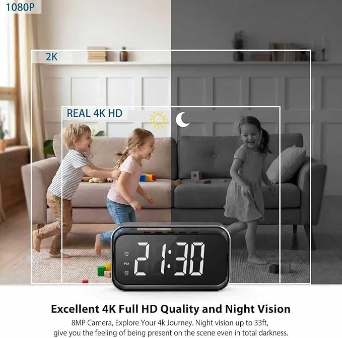 Security-Mini-Camera, 4K Real Full HD Nanny Cam with Two Sets of Alarm Clock Setting for Home Security, Night Vision & Motion Detection Alerts, Mobile Phone App Remote Control, Support 2.4G and 5G