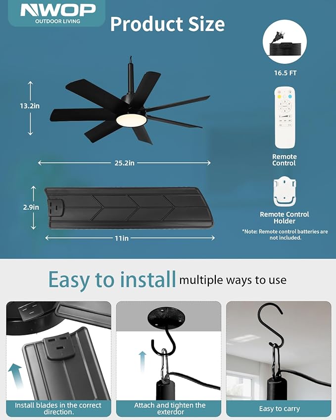 28 Inch Plug-In Outdoor Ceiling Fan with Lights and Remote, LED Gazebo Hanging Fan with Hook, 3CCT 3000K-6500K Dimmable Gazebo Fan, 6-Speed Quiet Ceiling Fan with Timer for Patio, Porch, Garage, Black