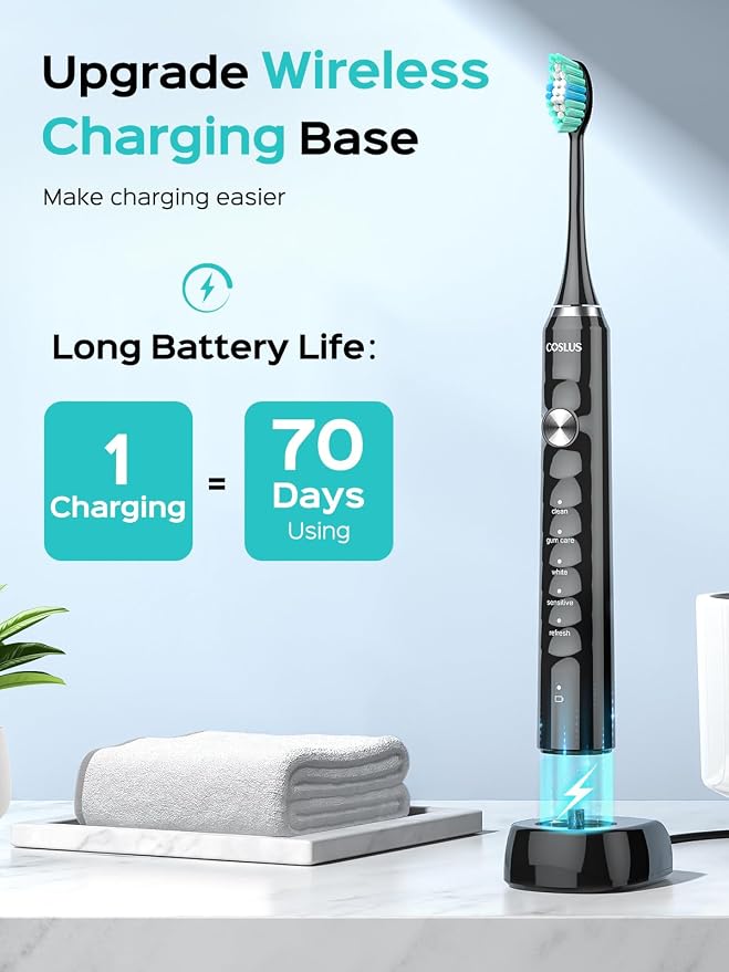 COSLUS Water Dental Flosser Tooth Pick: 10 Levels Smooth Control Portable Wireless Electric Toothbrush for Adults and Kids Rechargeable Black and Black