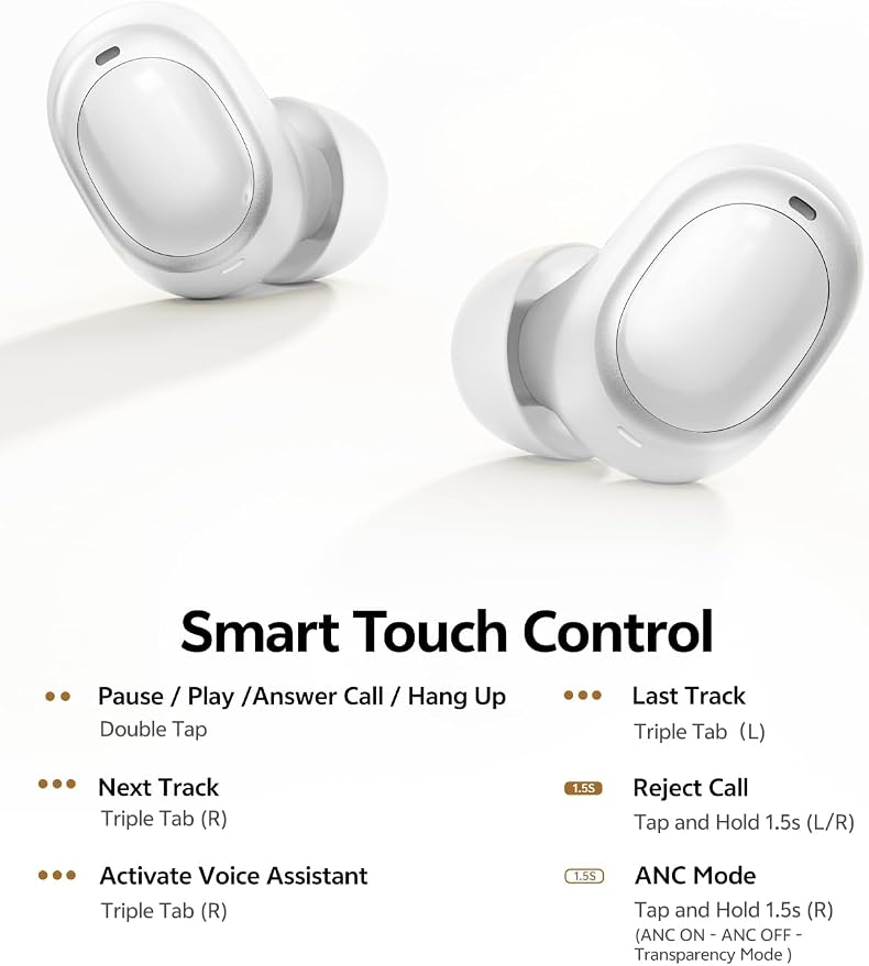 QCY MeloBuds A30 Aadptive Active Noise Cancelling Wireless Earbuds, 8 Mics ENC Clear Call Ear Buds, 60dB ANC Hi-Res Audio Bluetooth 6.0 Headphones, Comfort Lightweight, IPX5 Waterproof Earphone