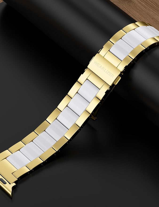 Wearlizer Compatible with Apple Watch Band 49/46/45/44/42mm Fashion Wristbands Womens, Stainless Steel+Resin Metal Replacement for iWatch Series 11 10 9 8 7 6 5 4 3 SE/Ultra 3 2 1-Gold+White