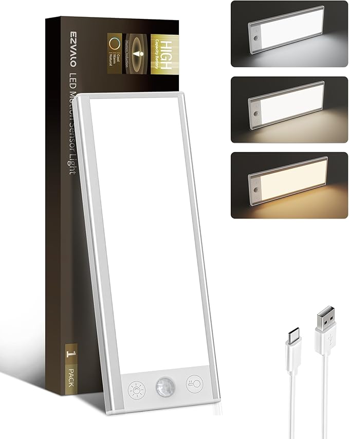 EZVALO 3000mAh Under Cabinet Lighting, 150LM Ultra Bright Motion Sensor Light, Rechargeable Magnetic Under Counter Lights for Kitchen, Dimmable Closet Light with 3-Inch Wide Panel