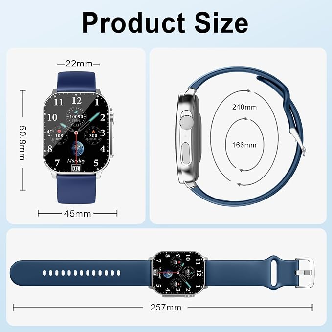 Smart Watch for Men/Women, 2.01" AMOLED Curved Display Fitness Tracker with Answer/Make Calls, 100+ Sport Modes, 24/7 Heart Rate/Sleep Monitor/Pedometer, IP68 Waterproof Watch, for Android iOS Blue