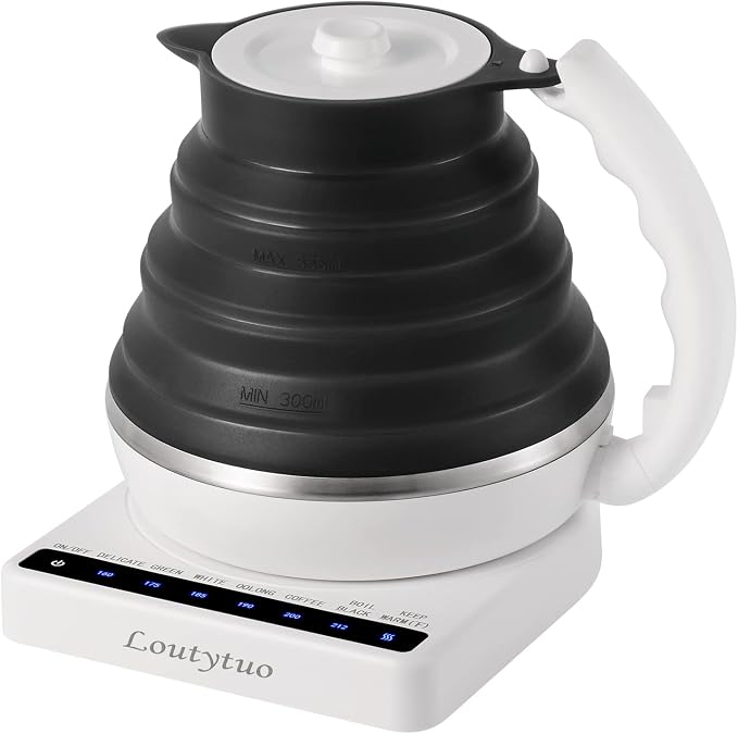 Ultrathin Food Grade Silicone Travel Foldable Electric Kettle Variable Temperature Control with Dual Voltage, Auto Shutoff & Boil Dry Protection & Keep Warm, 555ML 110-220V US Plug (Black)