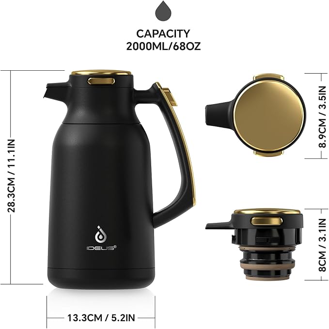 IDEUS Thermal Coffee Carafe, Stainless Steel Double Wall Insulated Vacuum Flask, Water Jug Coffee Server and Beverage Dispenser, Heat and Cold Retention (Black-Gold, 68, Fluid Ounces)