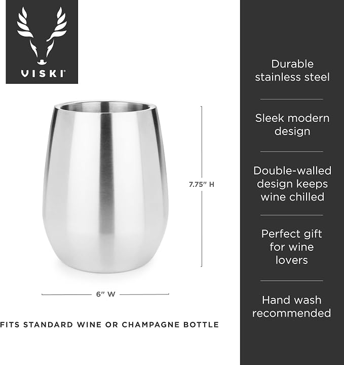 Viski Wine Chiller, Double Walled Insulated Wine Bottle Holder, Single Bottle Wine Chiller, Stainless Steel