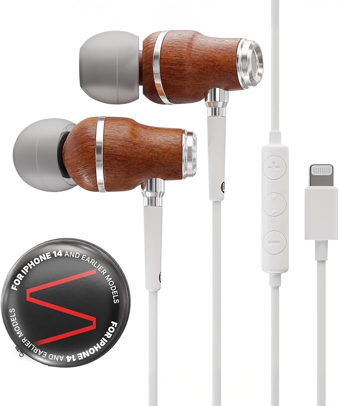 Symphonized iPhone Earphones Wired Deep Bass Sound, 3D Sound, Microphone Volume Control, Noise Isolation, Bubinga Wooden with Lightning (Apple MFI Certified), iPhone SE to 14 Earbuds