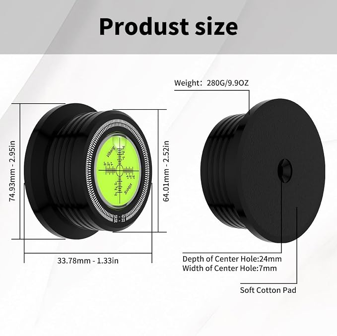 Viborg LP528B Record Weight Phono LP Disc Stabilizer, Black 50Hz Turntable Level, 280G (9.9 OZ) HiFi 3 in 1 Vinyl Clamp Strobe Speed Record Puck with Bubble Leveling (50Hz, Black)