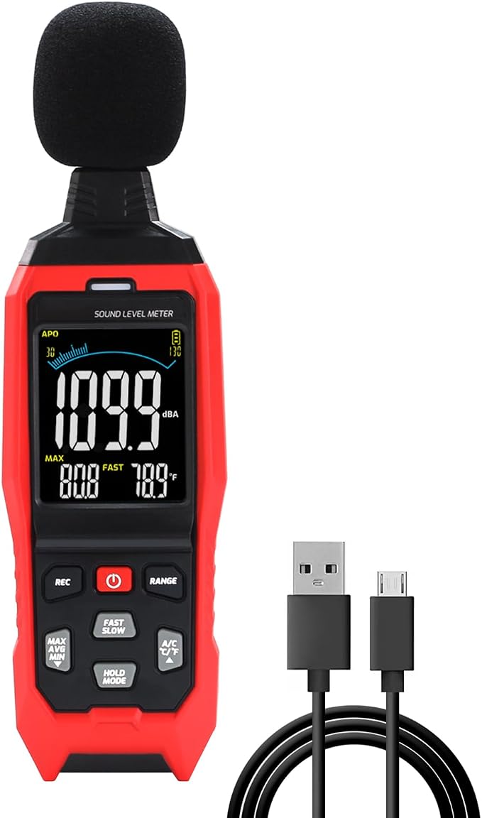 Decibel Meter with Data Logging Sound Decibel Meter Data Logger, 30~130dB Sound Level Meter with Audible Visual Alarm, Sound Meter with Export Data, PC Connection, Temperature, Analog Bar Indicator