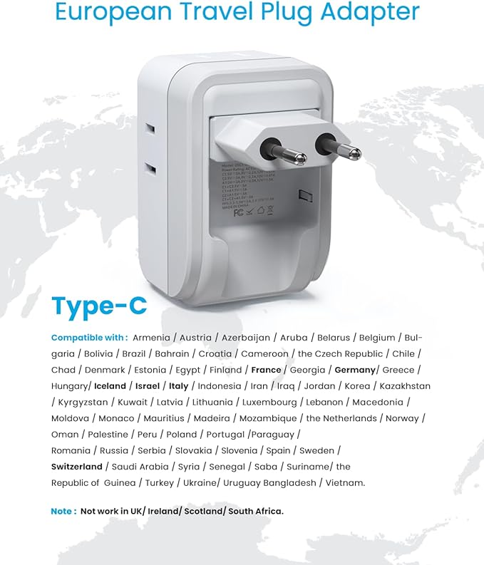 2 Pack European Travel Plug Adapter, VINTAR PD 20W Foldable Type C Adapter with 4 AC Outlets 3 USB Ports(2 USB C), Travel Essentials Charger for US to Most of Europe EU Italy Spain France