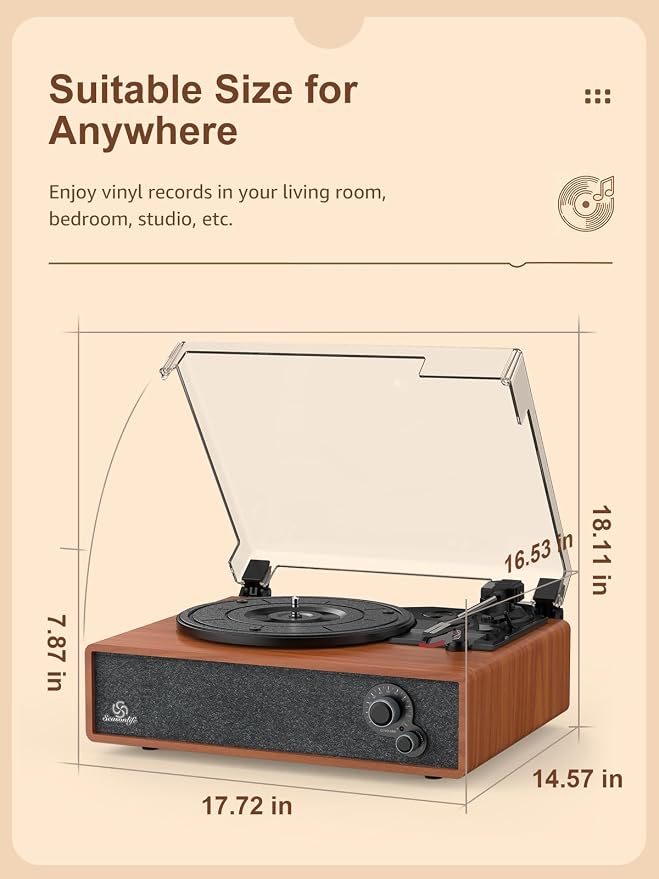 Vinyl Record Player Vintage Turntable for Vinyl Records LP Phonograph Auto Stop Tone Adjustment Belt Drive 3 Speed 3 Size Support Wireless Input RCA Output Retro Walnut Red Brown