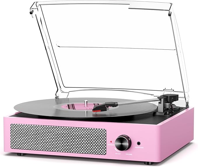 Vinyl Record Player with 2 Stereo Speakers Belt-Driven Vintage Turntables 3 Speed 3 Size Wireless Bluetooth Playback AUX-in RCA Out Headphone LP Vinyl Players Auto Stop Pale Pink